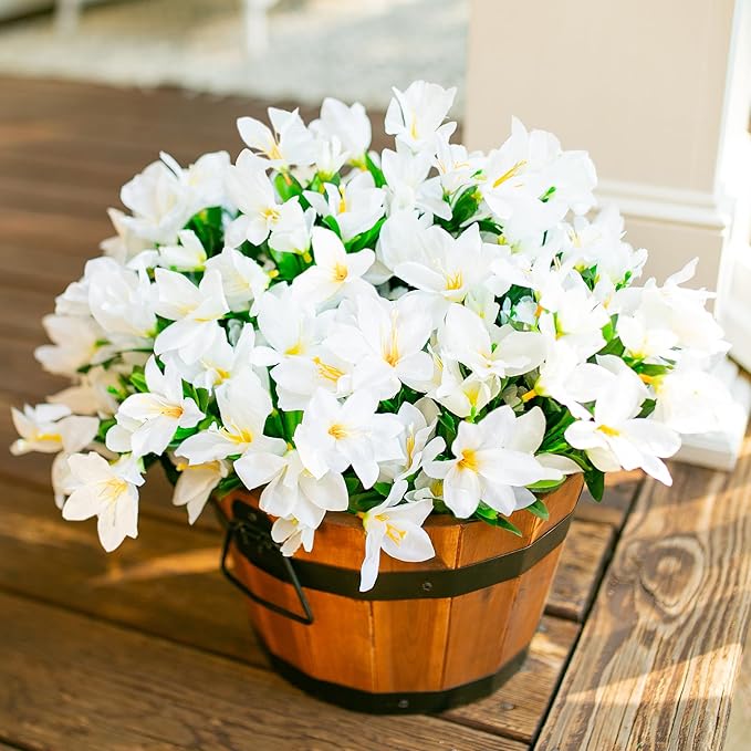 Artificial Flowers for Outdoors, 3 Bundles Fake Silk Azalea Bouquet Faux Flower Plants Outside Decoration UV Resistant Realistic Fake Flowers for Planter Front Door Patio Garden Walkways Home, White