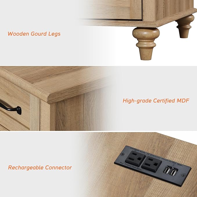 WAMPAT Set of 2 End Tables with Charging Station, Wooden Side Table with Drawer & Storage Cabinet, Farmhouse Nightstands with Power outlets USB Ports for Living Room & Bedroom, Oak