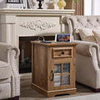 Farmhouse XXL End Table with Charging Station, Side Table with USB Ports and Outlets, Nightstand with Drawer and Glass Door Storage, Log Color Bedside Tables for Living Room, Bedroom, Office