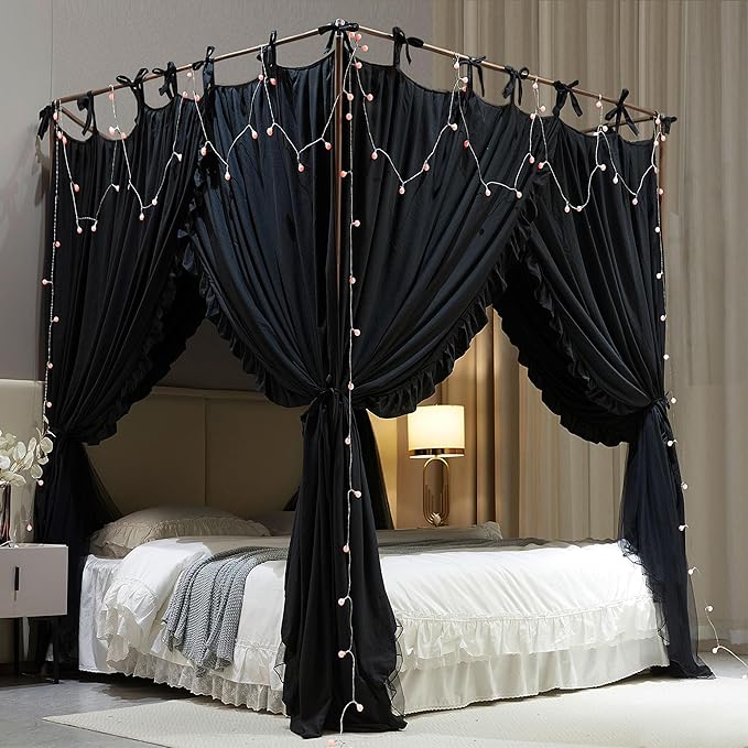 4 Corners Post Princess Curtain Bed Canopy Double Layer Cozy Mosquito Net Mesh and Cloth for Girls Adults Bedroom Decoration (Double-Black/Black, 59" W*82" L*82"*H/(Queen))