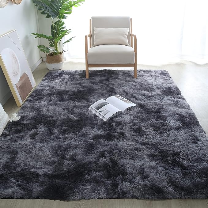 CAIYUECS Shag Area Rug,Indoor Ultra Soft Plush Rugs for Bedroom Living Room, Non-Skid Modern Nursery Faux Fur Rugs for Kids Room Home Decor (Tie-Dyed Dark Gray, 6x9 Feet)