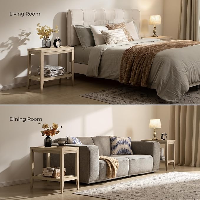 SICOTAS Rattan Nightstands Set of 2 - Boho Shelf Bedside Tables Narrow End Table Living Room Set of 2 Side Table with Rattan Storage Shelves for Small Space - Light Oak