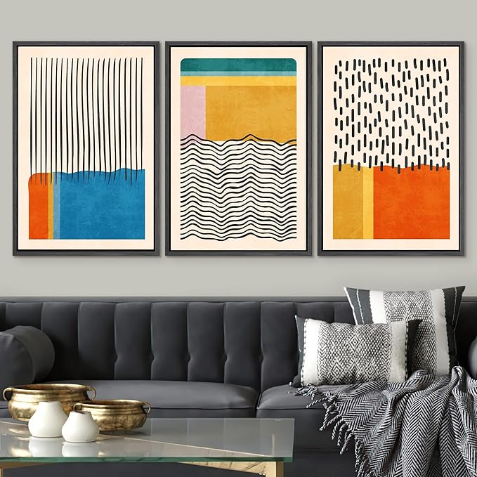 SIGNWIN Framed Canvas Print Wall Art Set Mid-Century Vibrant Color Block Collage Abstract Geometric Illustrations Graffiti & Street Art Modern Art for Living Room, Bedroom, Office - 16"x24"x3 Black