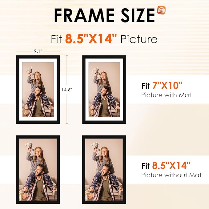 FIXSMITH 8.5x14 Picture Frame Set of 4, Photo Frame with HD Plexiglass, Display Pictures 7x10 with Mat or 8.5x14 Without Mat, Black Picture Frames Collage Wall Decor, Gallary Wall Frame