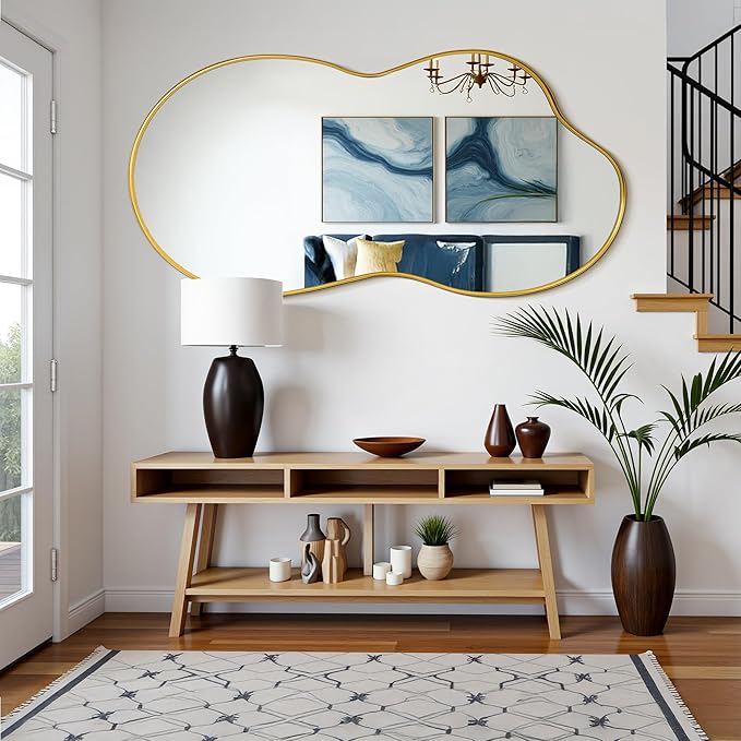 Suidia Irregular Wall Mirror, 55"x28" Bathroom Mirror Asymmetrical Mirrors Artistic Mirrors Decorative for Living Room Bedroom Bathroom Hallway Entryway, Gold, Cloud Style