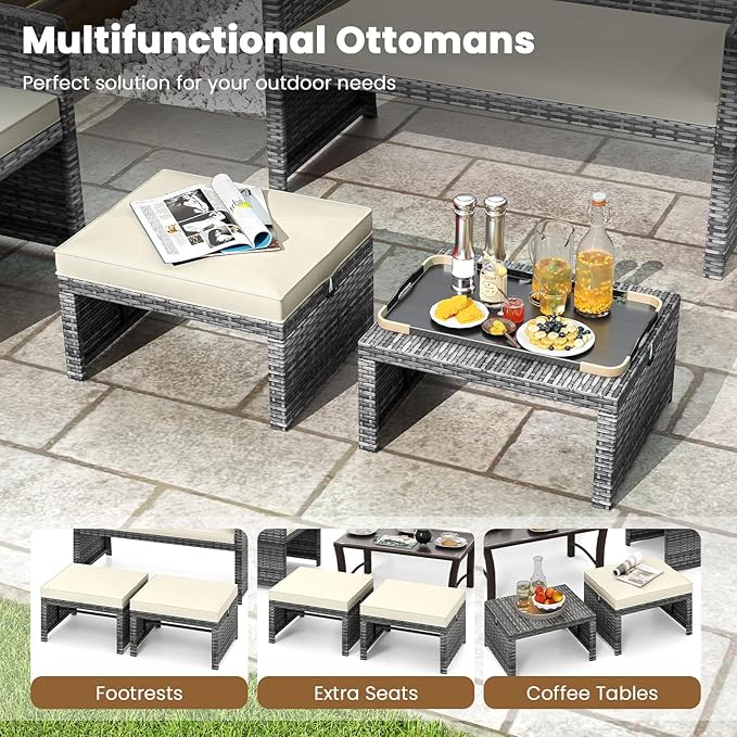 Tangkula 2 Pieces Patio PE Rattan Ottomans, Multipurpose Outdoor Footstool Footrest Additional Seating Side Table with Soft Zippered Cushions for Deck, Garden, and Yard (White)