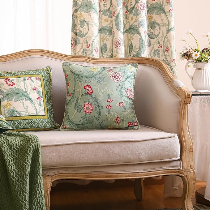 patdrea Designer Pack of 4 Throw Pillow Covers,French Vintage Rustic Linen with Green Floral Pattern Pillows Cover,Decorative Lumbar Square Pillowcases Cushion for Bed Living Room Outdoor Car