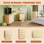 WLIVE Rattan Dresser for Bedroom, 4 Drawer Wood Boho Dresser Storage with Gold Metal Handle, Chest of Drawers for Living Room, Closet, Hallway, Light Oak