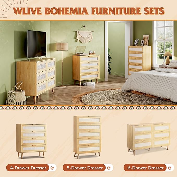 WLIVE Rattan Dresser for Bedroom, 4 Drawer Wood Boho Dresser Storage with Gold Metal Handle, Chest of Drawers for Living Room, Closet, Hallway, Light Oak