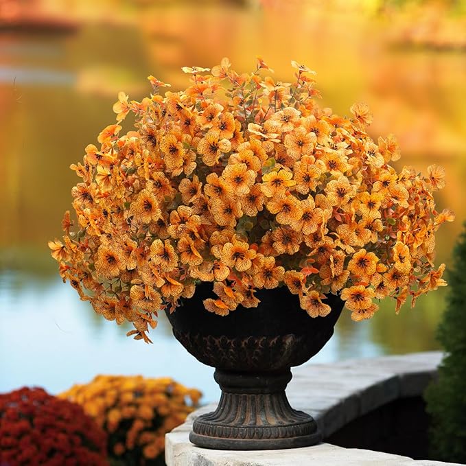 16 Bundles Artificial Fall Flowers UV Resistant Faux Greenery, All Weather Outdoor Autumn Decor for Thanksgiving Christmas Wedding Home Garden Fireplace Party Décor (Fall Orange Yellow)