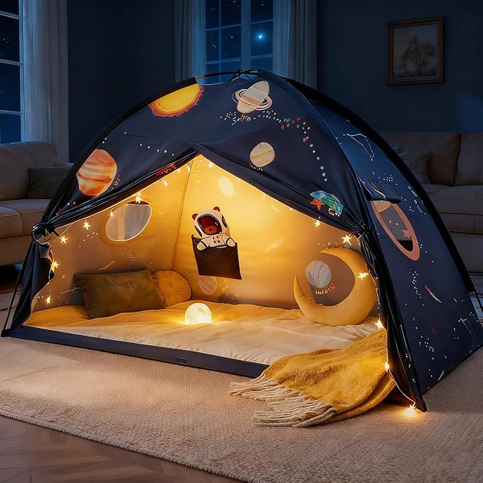 Tiny Land Space Galaxy Bed Tent for Kids – Sleep Bed Canopy with 9 Planets Design, Easy-to-Install Indoor Kids Play Tent, Imaginative Playhouse, Ideal Gift for Boys & Girls – 77" x 40" x 46"