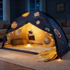 Tiny Land Space Galaxy Bed Tent for Kids – Sleep Bed Canopy with 9 Planets Design, Easy-to-Install Indoor Kids Play Tent, Imaginative Playhouse, Ideal Gift for Boys & Girls – 77" x 40" x 46"