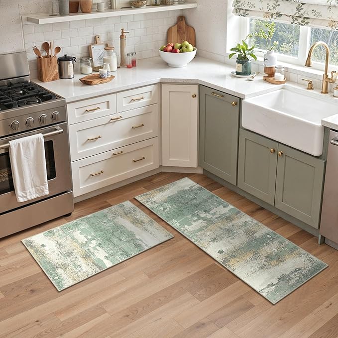 Kitchen Rug Set 2 Piece, 17"x47"+17"x30" Modern Abstract Machine Washable Rug Runner for Hallway, Low Pile Soft Indoor Floor Mat with Non-Slip Backing, Light Green