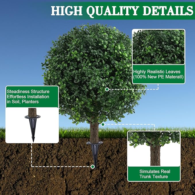 Set of 2 Artificial Boxwood Topiary Ball Trees for Outdoor with Ground Spike 22", UV Resistant Faux Greenery Shrubs, Fake Boxwood Plants for Indoor, Garden, Yard, Porch, Patio Decor