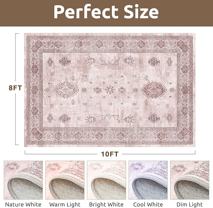AMOAMI-Vintage Area Rug 8X10 Pink Rugs for Living Room-Soft Living Room Rug Non Slip Rugs for Bedroom Carpet Machine Washable Rug for Dining Room Bedside Office Room Decor