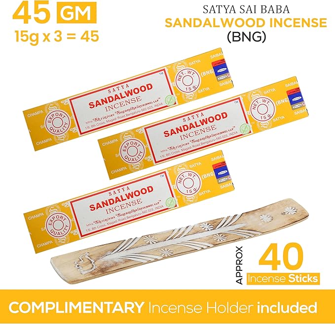 Satya Nagchampa Sandalwood Incense Sticks, Satya Bng (Bangalore) Insenses 15gmx3 Pack (45 GMS) with Raajsee Incense Holder Bundle, Satya Nagchampa Natural Incense