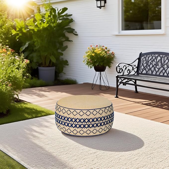 Outdoor Inflatable Ottoman with Air Pump, Embroidery Patio Footrest Stool D21”x H9”, Round Pouf Ottoman with Portable Handle Suitable for Garden, Camping, Bedroom, Living Room