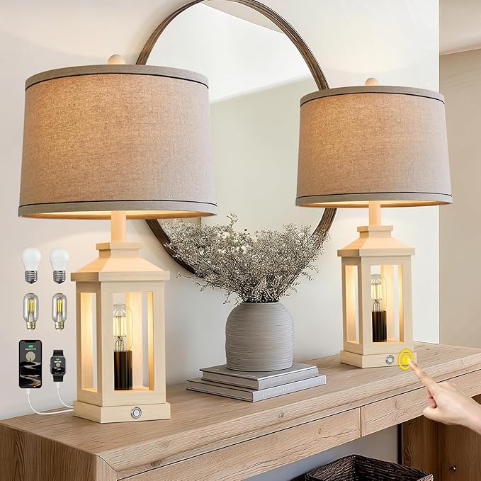 BOBOMOMO 23.75" Antique White Farmhouse Table Lamps Set of 2 – Vintage Nightstand Lamps with 3 Way Dimmable Touch Control Night Light & USB A+C Ports, Rustic Lamps for Bedroom, Living Room, Hallway