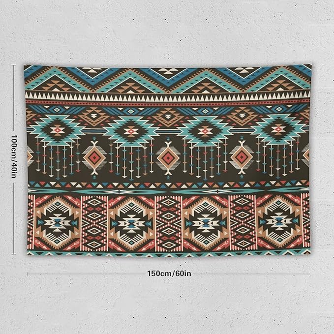 HZOHNAGO Aztec Tapestry Turquoise Blue and Brown and Native American Tribal Pattern Printed Wall Tapestry Wall Hanging for Bedroom Living Room Dorm 60" W x 40" H