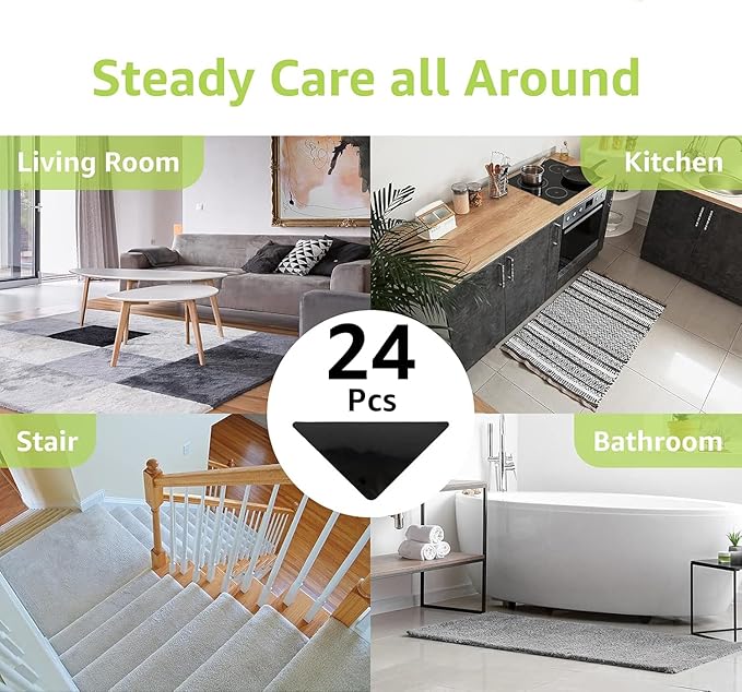 Rabenda 24 Pcs Grippers for Rugs, Non Slip Rug Pads for Hardwood Floors and Tiles, Reusable Rug Tape for Area Rugs, Dual Sided Adhesive Rug Pad Gripper Keep Corners Flat(Black)