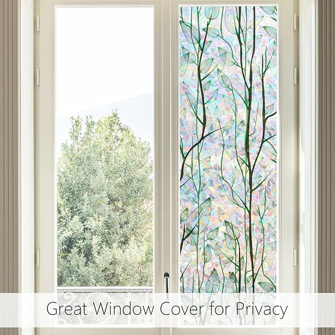 LEMON CLOUD Privacy Window Film 3D Stained Glass Window with Installation Tools,No Glue Static Cling Window Sticker,Decorative for Glass Door,Bathroom,Office and Home (Leaf Rainbow,23.6 x 78.7 Inch)