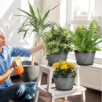 Quarut 10 Inch Flower Pots for Outdoor Indoor, 3 Pack Plastic Plant Pots with Drainage Hole & Tray, Modern Decorative Garden Pot with Saucer, planters for House (Black Copper)