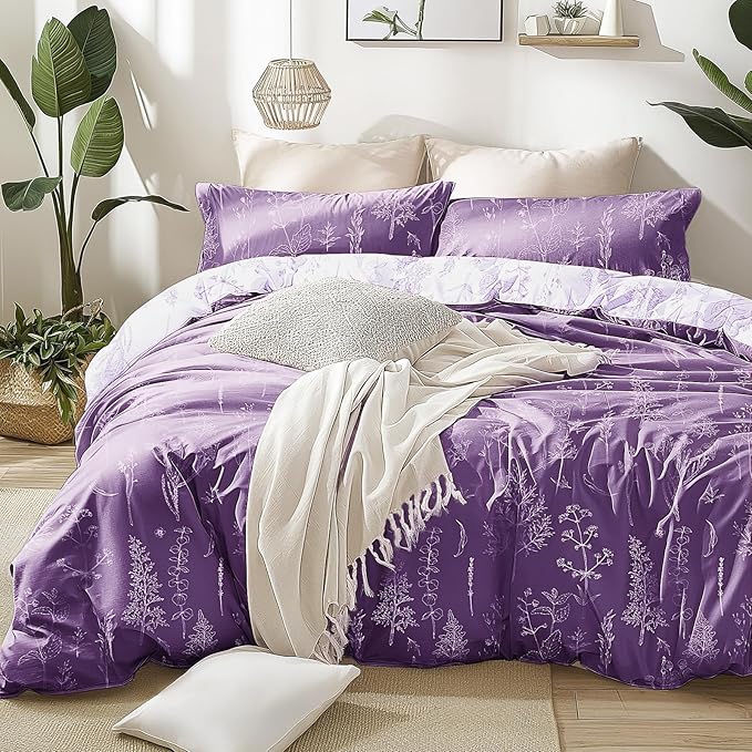 Love's cabin Dark Purple Full Comforter Set - Full Size Comforter Set, 3 Pieces Cute Floral Bedding Sets for All Seasons,1 Soft Reversible Botanical Flowers Comforter and 2 Pillow Shams