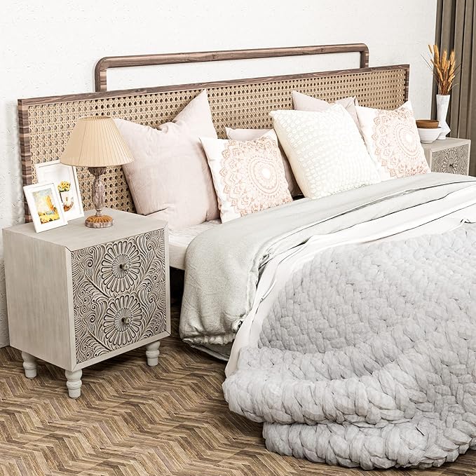 HOMPUS 2-Drawer Farmhouse Nightstand, Fully Assembled Boho Night Stand, Vintage Accent End Table Bedside Table, Small Nightstand Organizer for Bedroom, Laundry, Distress White