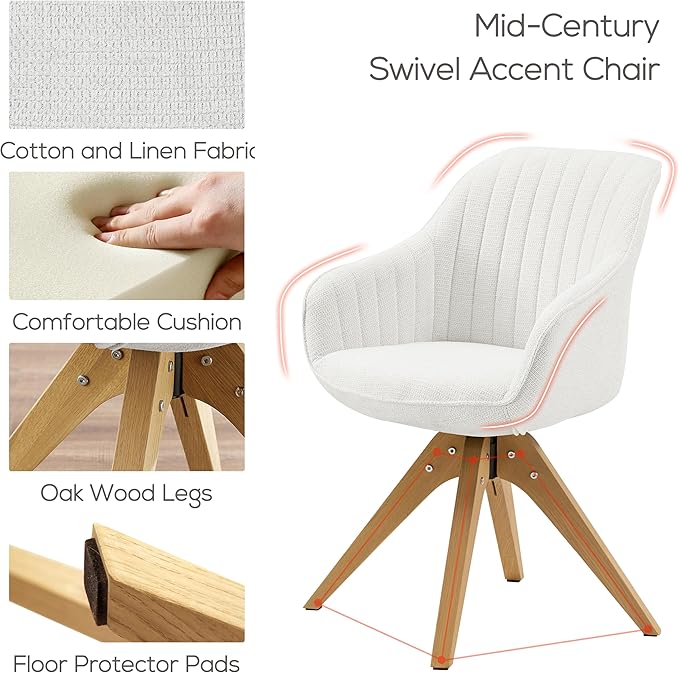 Art Leon Mid Century Modern Swivel Accent Chair - Fabric Upholstered Armchair with Natural Oak Wood Legs, Desk Chair No Wheels, Off White
