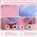 Twin Size Bed Canopy with Lights, Bed Canopy for Girls Princess with Luminous Stars, Canopy Bed Curtains for Twin Bed Kids Indoor Decor Bedroom, 4 Corner Post Bunk Bed for Student Dormitory, Blue&Pink