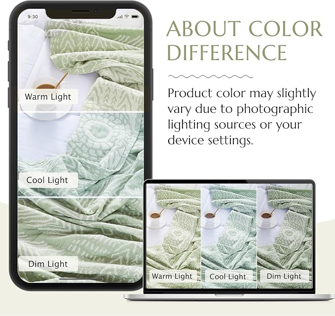 jinchan Boho 100% Cotton Blanket Muslin Lightweight Twin Size Throw Blanket Reversible for Couch Soft Cozy All Season 3-Layer Throw Coverlet Blanket for Bedroom Living Room Decor Green 60x80 Inches