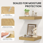 Square Floating Shelves for Wall, 12" W x 12" D x 1.2" H, Small Wooden Wall Mounted Display Shelves with Invisible Brackets for Living Room, Bedroom, Bathroom, Kitchen Decor, Set of 3, Oak