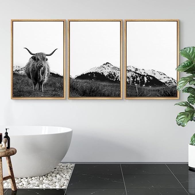 SIGNWIN 3 Piece Framed Canvas Wall Art Highland Cattle in Front of Snowy Mountain Duotone Black and White Canvas Prints Home Decoration for Living Room,Bedroom - 16"x24"x3 Natural
