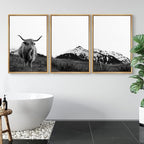 SIGNWIN 3 Piece Framed Canvas Wall Art Highland Cattle in Front of Snowy Mountain Duotone Black and White Canvas Prints Home Decoration for Living Room,Bedroom - 16"x24"x3 Natural