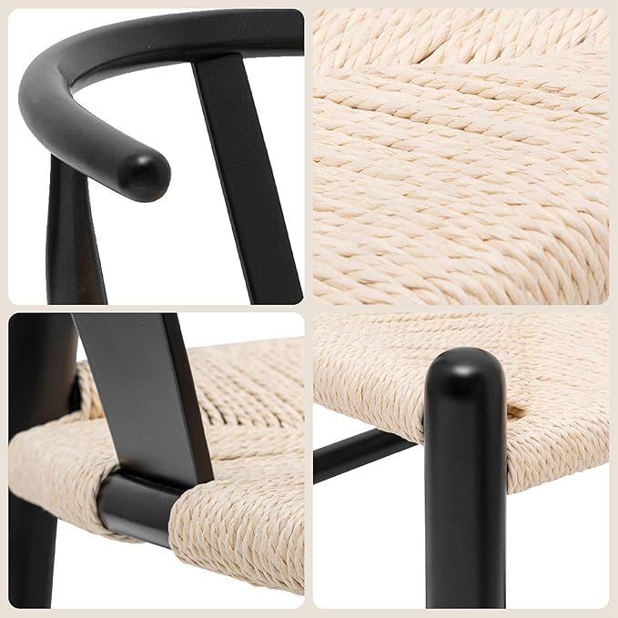 POLY & BARK Weave Dining Chair – Mid-Century Modern Wishbone Dining Chair with Arms, Solid Wood Frame, Indoor Use – Black – Single - Ideal for Dining Room, Kitchen or Stylish Accent Setting
