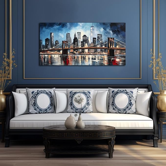 Brooklyn Bridge Wall Decor for Living Room City Canvas Wall Art for Office Blue and Black Bedroom Wall Art 24 x 48 Inch