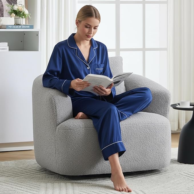 Luxlen Swivel Accent Chair with Pillow for Living Room, Teddy Fleece Upholstered Single Sofa, 360° Rotating Barrel Chair with Metal Base for Bedroom, Office, Apartment - Light Gray