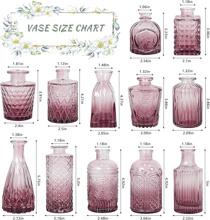 12pcs Glass Bud Vase Set, Small Purple Flower Vases for Centerpieces in Bulk, Mini Vintage Vase for Wedding, Home,Table Decoration