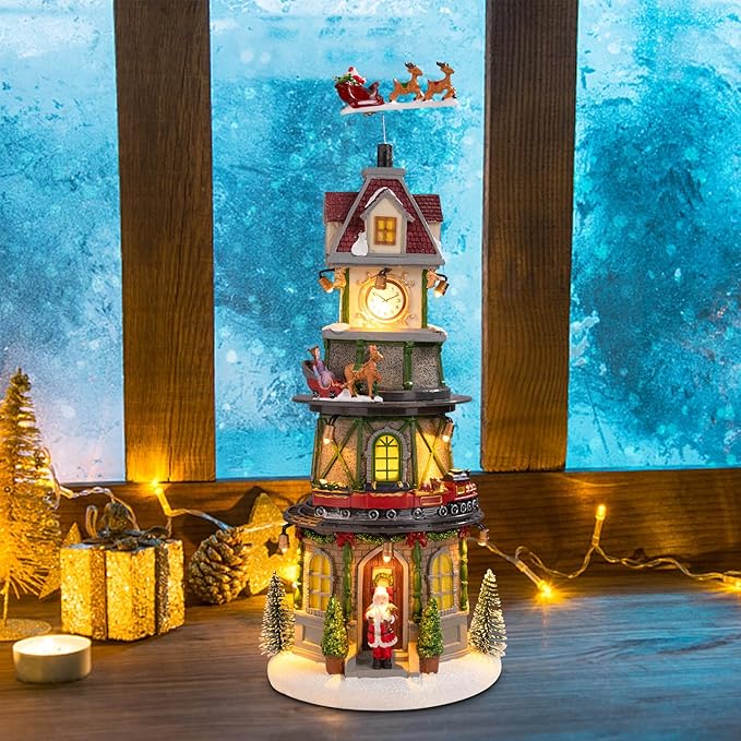Christmas Collectible Buildings - LED Lit Bell Tower, Musical Village Houses with USB Indoor Display Figurines
