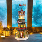 Christmas Collectible Buildings - LED Lit Bell Tower, Musical Village Houses with USB Indoor Display Figurines