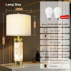 Natural Alabaster Table Lamps Set of 2,Table Lamp with Night Light for Living Room,Nightstand Lamp with USB Ports,Bedside Lamp with Linen Fabric Shade for Bedroom,Living Room,Office,Bar(Bulb Included)