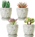 4 Inch Mini Plant Pots, Ceramic Succulent Planter with Drainage Hole and Saucers for Indoor Plants, Small Garden Pots for Succulent, Herb and Flower, Set of 4