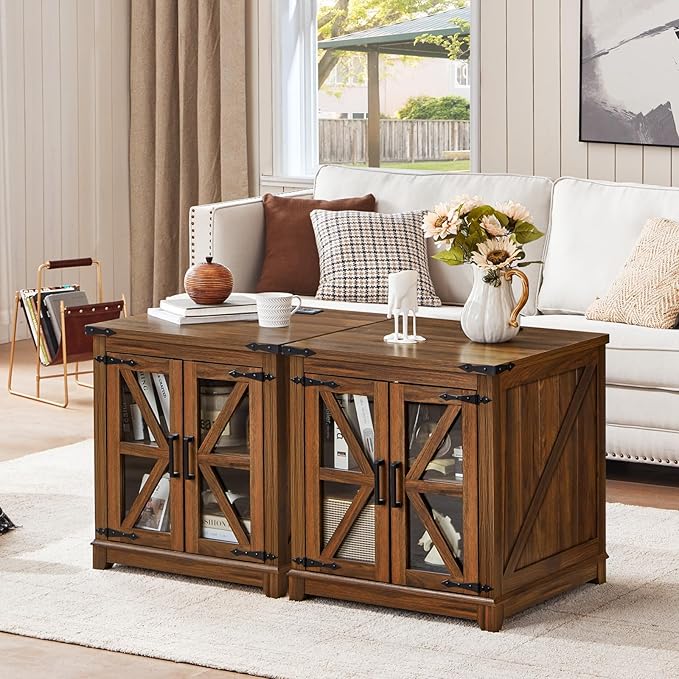 Farmhouse End Table with Charging Station, 24" Large Sofa Side Table with Glass Barn Door, Nightstand with Adjustable Storage Shelf,Wood Square Bedside Table for Living Room,Bedroom