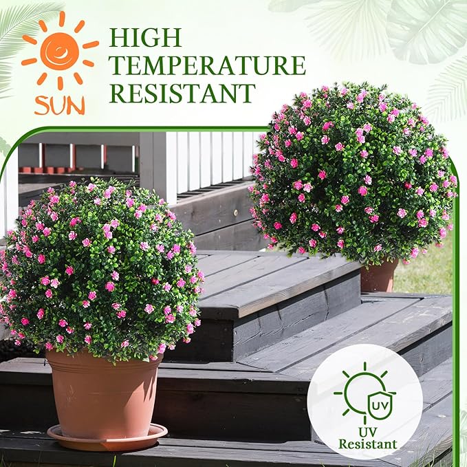 Yunlly Set of 2 Artificial Boxwood Topiary Ball Tree Fake Bushes Shrubs Outdoor Faux Plant with Ground Spike Flowers UV Resistance Greenery for Front Porch Garden Patio Indoor(Pink,27x18inch)