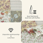 Yvooxny 3-Piece Quilt Set King Size Quilted Bedspread Reversible Country Style Floral Real Patchwork Bedding Quilt Set with Ruffles with Pillowcases for All Seasons, 108 * 96 Inches