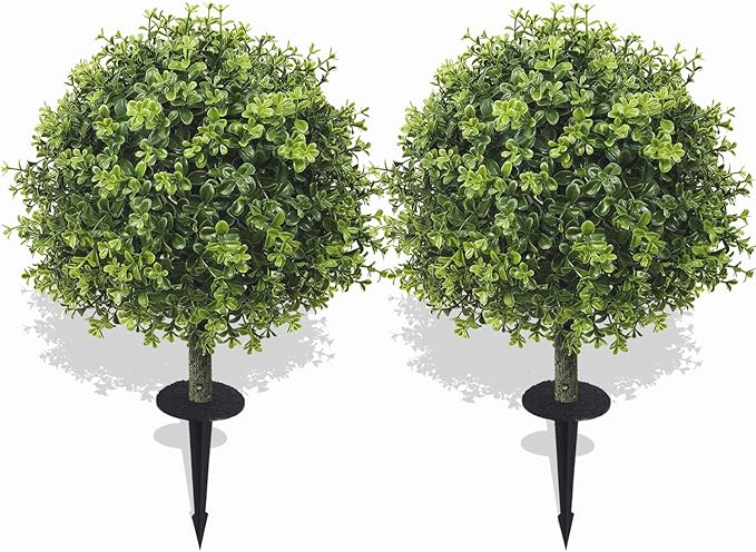 Set of 2 Artificial Boxwood Topiary Ball Trees for Outdoor with Ground Spike 29.5", UV Resistant Faux Greenery Shrubs, Fake Plants for Garden, Porch, Patio Valentine's Day Decor