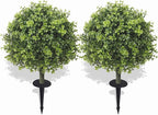 Set of 2 Artificial Boxwood Topiary Ball Trees for Outdoor with Ground Spike 29.5", UV Resistant Faux Greenery Shrubs, Fake Plants for Garden, Porch, Patio Valentine's Day Decor