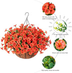 Artificial Fall Flowers Fake Hanging Plants Flowers Basket for Outdoors Autumn Decoration, Orange Silk Morning Glory with Eucalyptus Look Real UV Resistant Faux Flowers for Outside Porch Patio Balcony