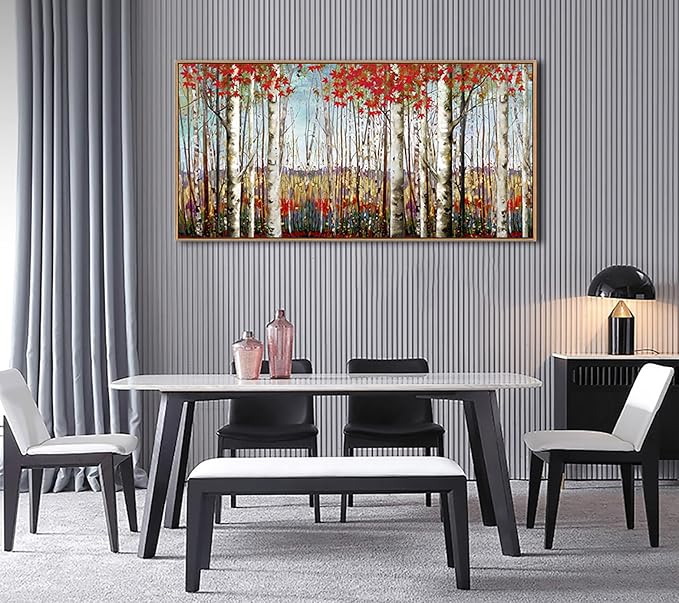 Large Framed Wall Art for Living Room Birch Tree Wall Decor Red Forest Painting Artwork Wall Decoration Nature Pictures Wall Art Fall Above Bed Wall Decor