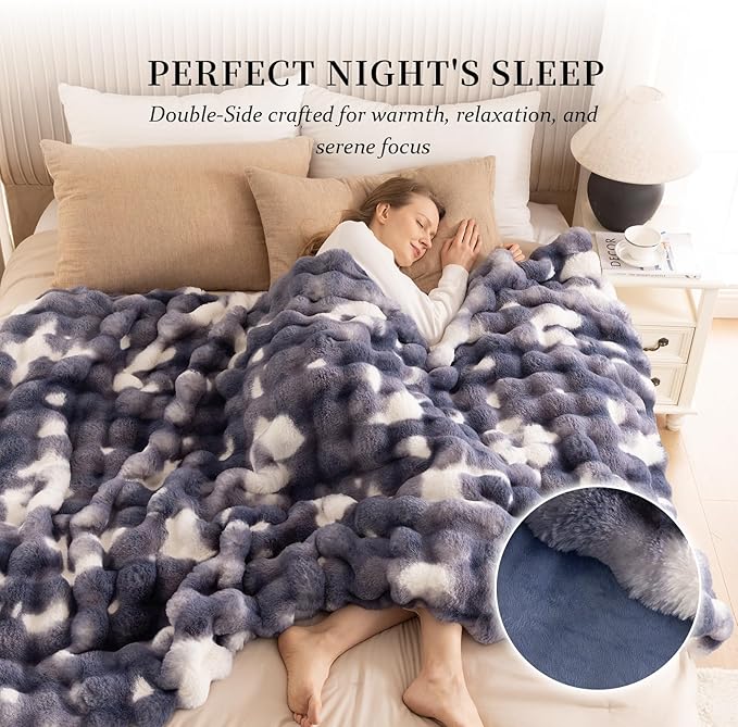 Cozy Faux Fur Throw Blanket for Couch-Warm Fuzzy Throw Blanket, Soft Plush Thick Bubble Blankets for Bedroom and Living Room, Furry Luxury Blanket, 50 x 60,Tie-Dye Blue